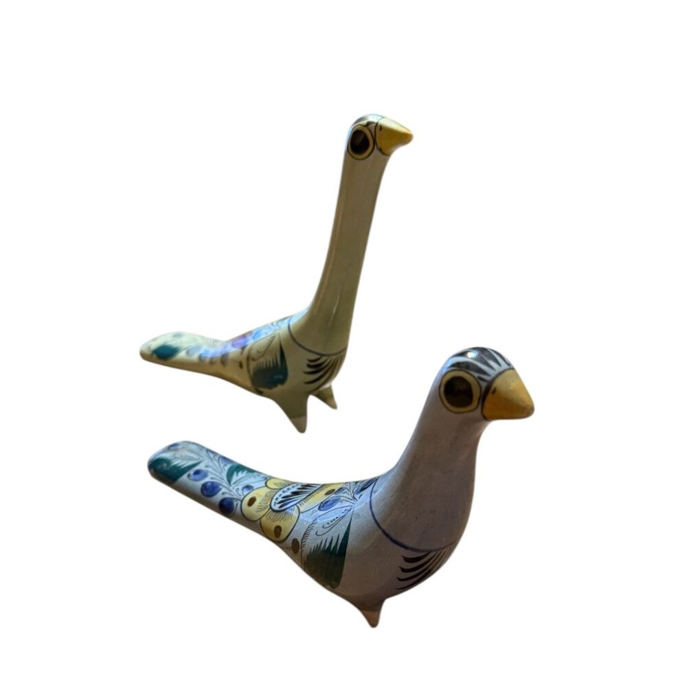 Tonala Mexican Folk Art Hand-Painted Ceramic Bird Figurines Set Of Two Floral